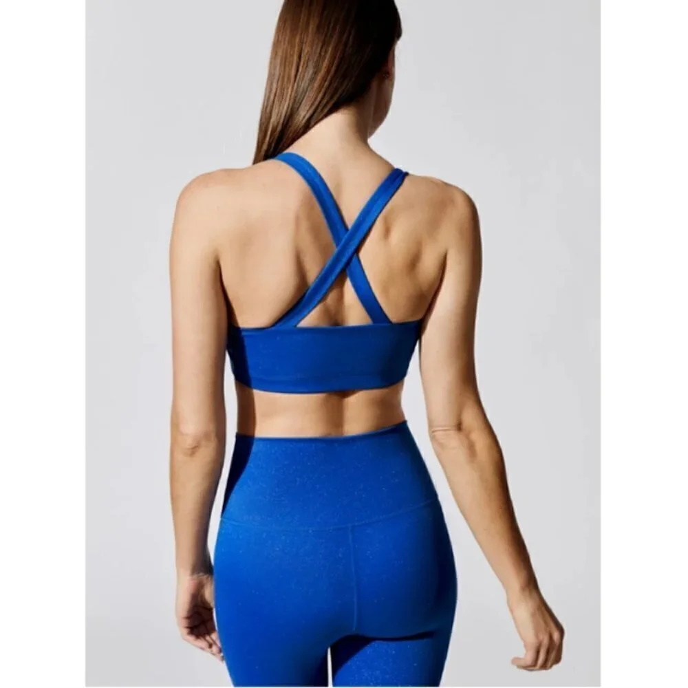 💕CARBON38💕 Shine Powder Set Cross Back Bra + 7/8 Legging Cobalt Blue Large NWT